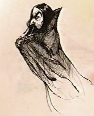 pencil caricature of Snape\'s upper body, seen from his left, wearing a high-collared Dracula-style cloak and with his hands clasped, drawn with very exaggerated nose and eyebrows