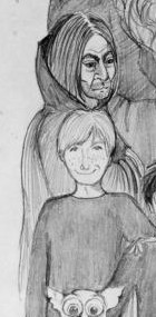 pencil drawing of Snape standing behind Ron, with a fragment of Hagrid visible behind Snape, a fragment of Dobby visible in front of Ron and a fragment of Harry on Ron\'s left; Ron is dressed in plain round-necked robes, is smiling at the viewer and has his left hand on Harry\'s shoulder while Snape, who is dressed in a long cloak with a high Dracula-style collar, has his arms folded and is giving the back of Harry\'s head a sardonic look