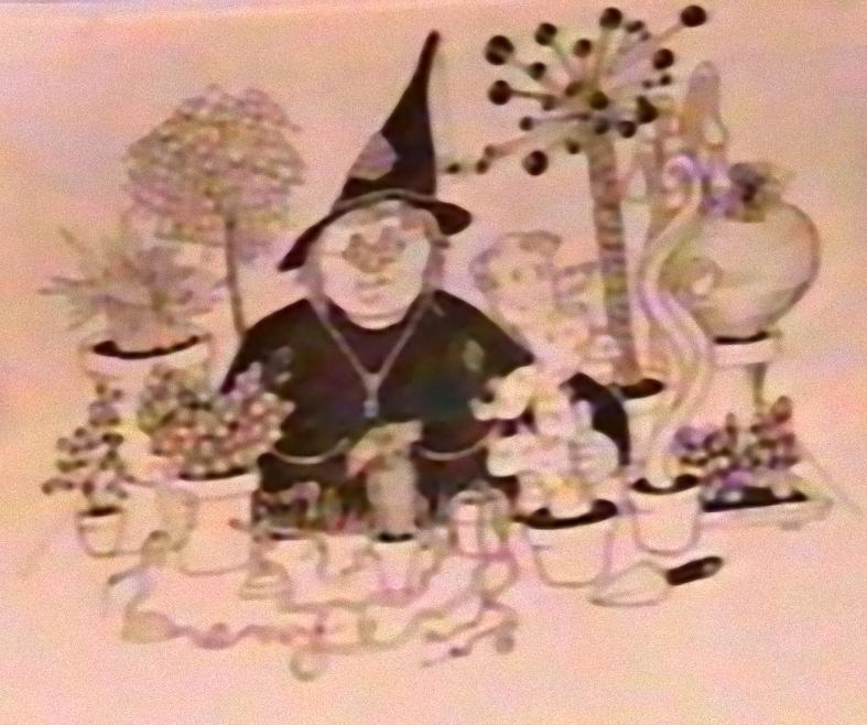 smudgy low-resolution pencil drawing of a stout, round-faced woman in round wire spectacles, wearing black robes and a battered witch\'s hat with a spider hanging off the brim, standing behind a bench covered in pots containing strange plants