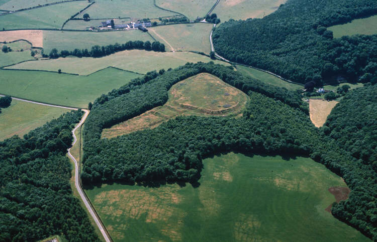 aerial shot of a wooded hill set among fields, with a bare grassy summit and a strip of grass down one side: in these bare areas one can see that the upper part of the hill is terraced