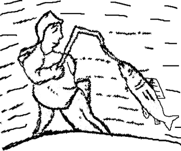 crude line drawing of a man in a hood and tunic, with a fishing rod, catching a salmon which is leaping out of the water