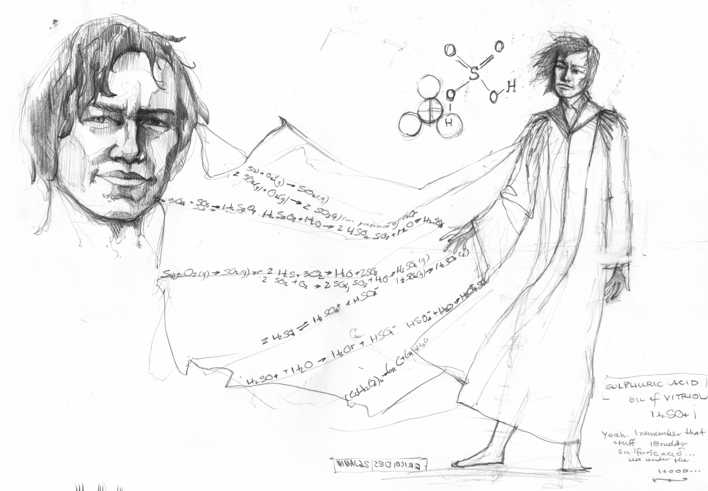 pencil drawing which has a portrait-head of John at upper left, and on the right a standing figure of John as an alchemist, wearing a cloak which billows across the page and which is striped with fine lines of chemical formulae