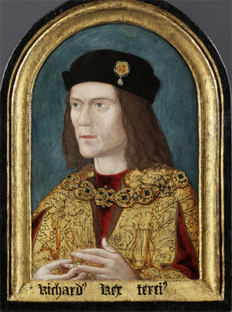 late Mediaeval portrait-painting showing the head and shoulders of a pale young man with a sharp jaw-line, hollow cheeks and fluffy nut-brown hair, wearing a gold brocade jacket and a big black velvet hat, looking slightly to his right and fiddling with a ring, all in a gilded frame with an arched top
