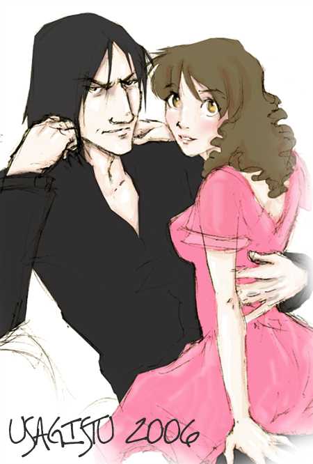 coloured ink drawing of Snape and Hermione, both from about the hips up, Snape lounging on one elbow with his left arm round Hermione\'s waist, and wearing a black shirt with an open neck; Hermione in a pink dress with her right hand on Snape\'s shoulder; both looking at the viewer