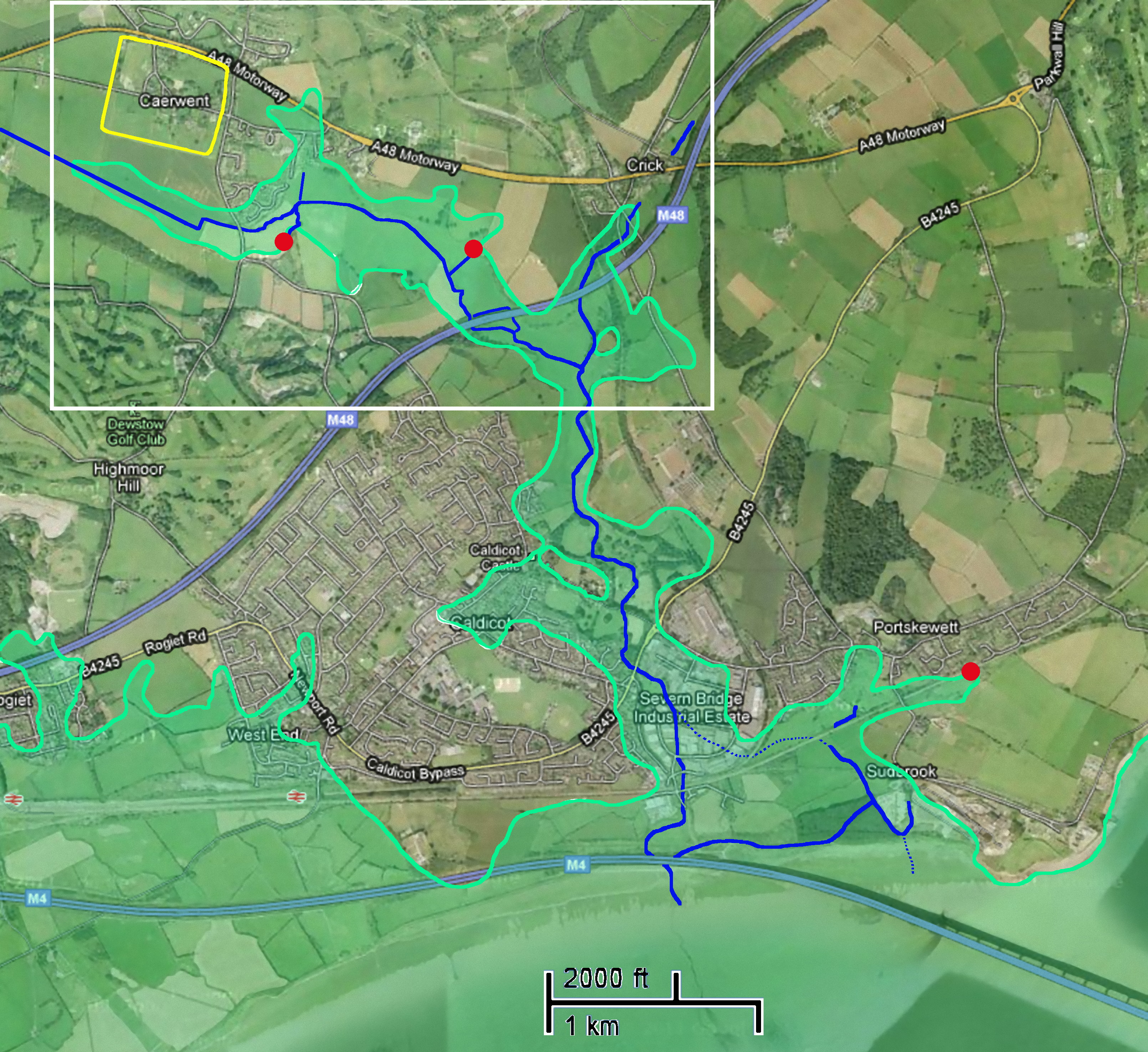 aerial view of the area between Caerwent and Sudbrook, with the course of the Troggy Brook and the positions of the Whirlyholes marked