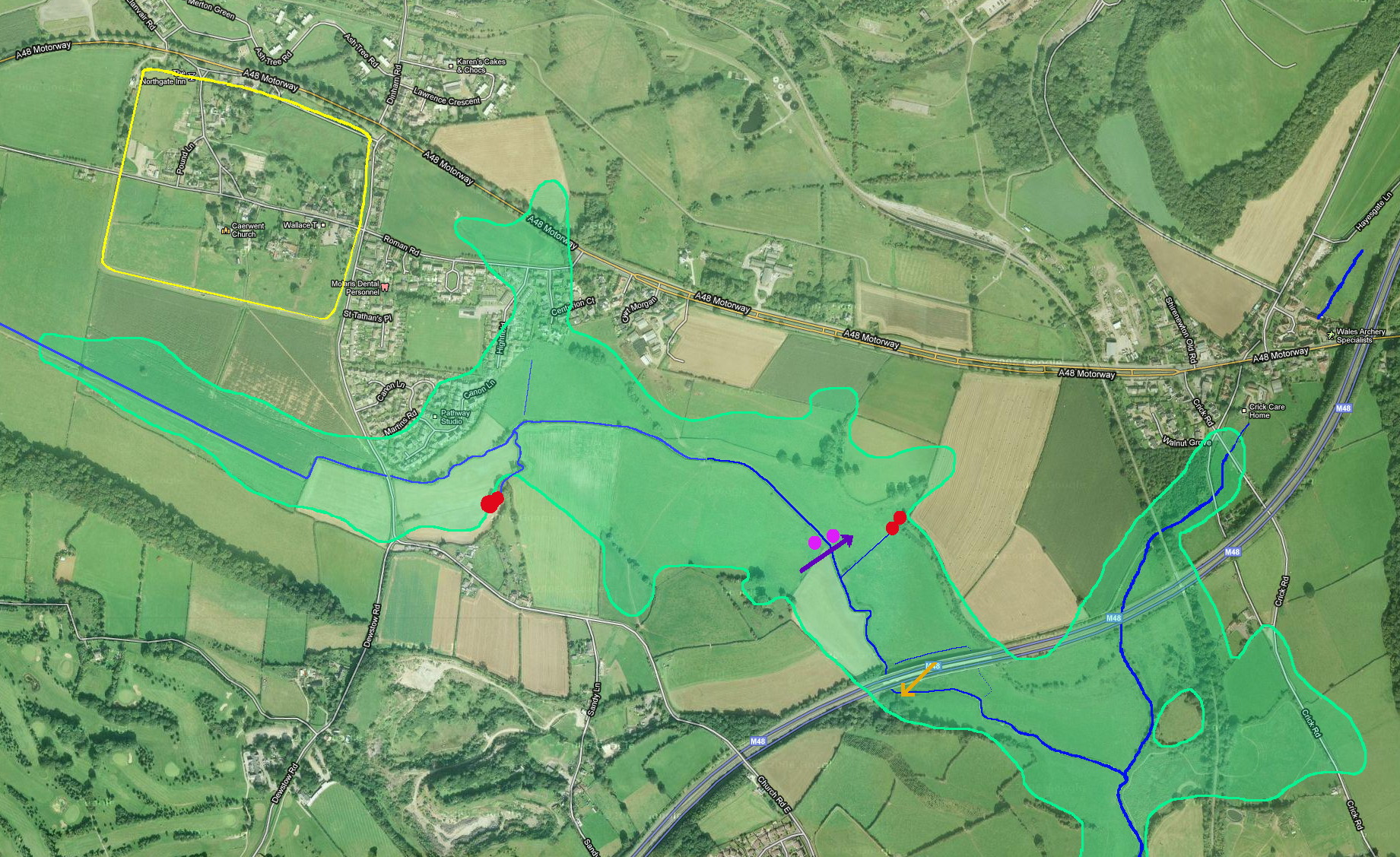 aerial view of the area around Caerwent, with the course of the Troggy Brook and the positions of the Whirlyholes marked