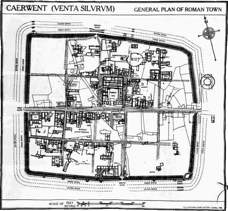 hand-drawn plan of a medium-sized Roman town within a square perimeter wall