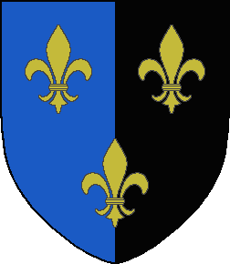a shield which is divided in half, blue (azure) on the left as you look at it (dexter) and black (sable) on the right (sinister), bearing three gold (or) fleurs-de-lys