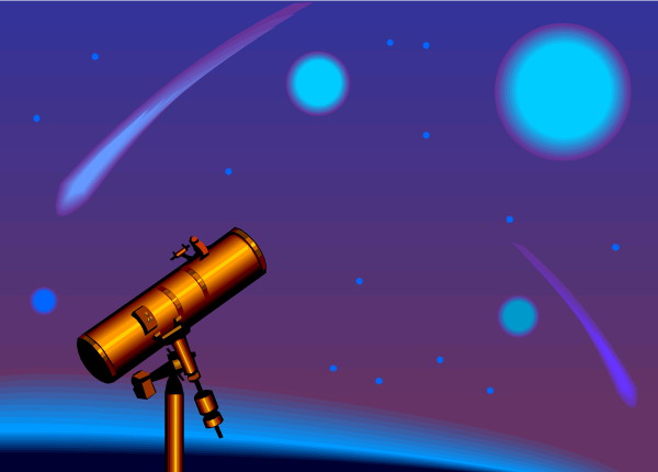 drawing of a deep blue sky scattered with suns and comets, with in the foreground a short bronze telescope