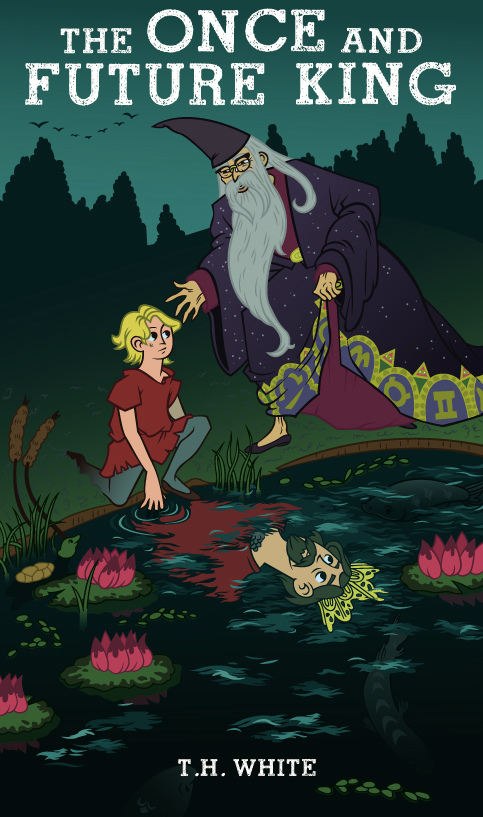 simple poster-style painting of a wizard in purple and gold robes and a young, blond boy beside a lily pond - the boy\'s reflection shows him as a crowned king