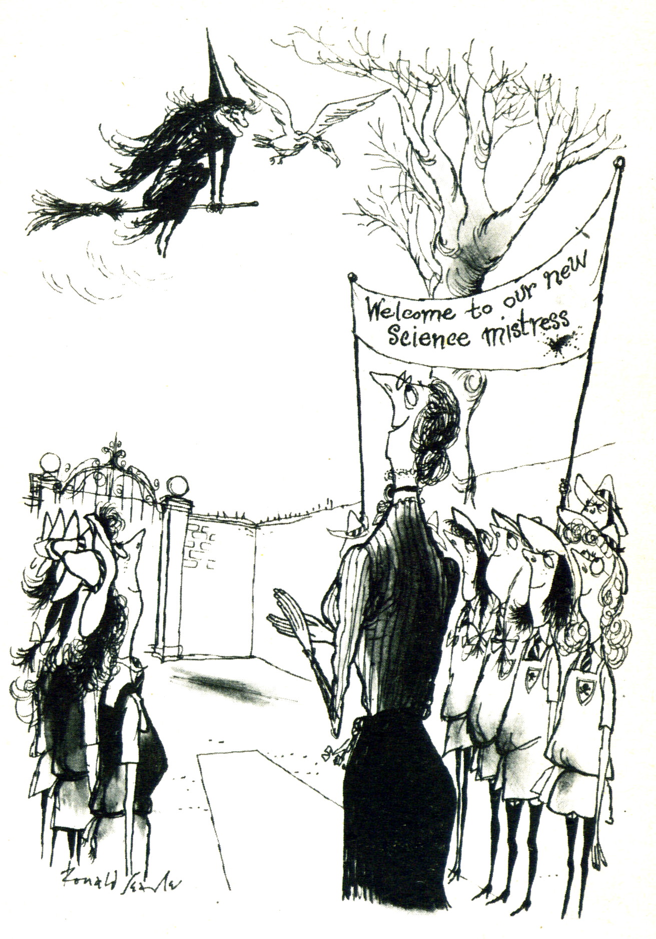 cartoon of a witch on a broomstick, accompanied by a pet albatross, being greeted by a committe of a female teacher and several schoolgirls holding a banner which reads \'Welcome to our new Science Mistress\'