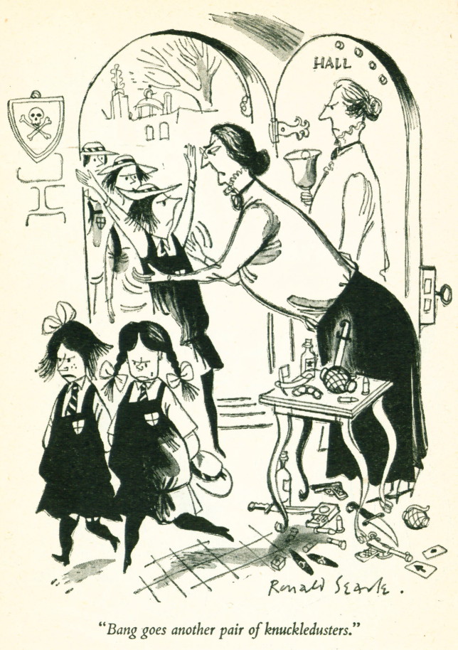 cartoon showing a group of schoolgirls in lumpish uniforms trailing in through a castle-type doorway past two stern female teachers, one of whom is ringing a handbell and the other frisking the girls for weapons which are then piled up on small table, with one girl in the foreground saying to her companion \'Bang goes another pair of knuckledusters.\'