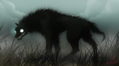 painting of a thin, sinister black dog with huge, glowing eyes