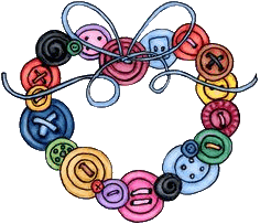 drawing of heart-shaped wreath of assorted buttons