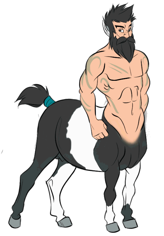 drawing of chunky piebald centaur, with a bobbed tail bound with a blue-green ribbon