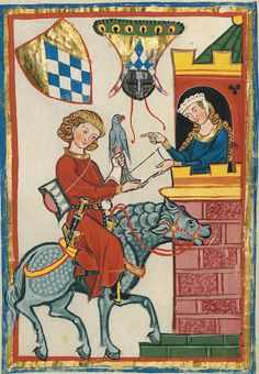 Mediaeval coloured drawing, set in a \'portrait\' oblong red, white and blue outline, showing a lady in a blue dress looking down from a low tower made of pink and green brick and decorated with gold crenallations; below her a man in a red robe and sitting on a dappled grey horse holds in his left hand a grey falcon and in the right a sheet of parchment he is either giving to or receiving from the lady; both have golden hair and there are armourial bearings above them