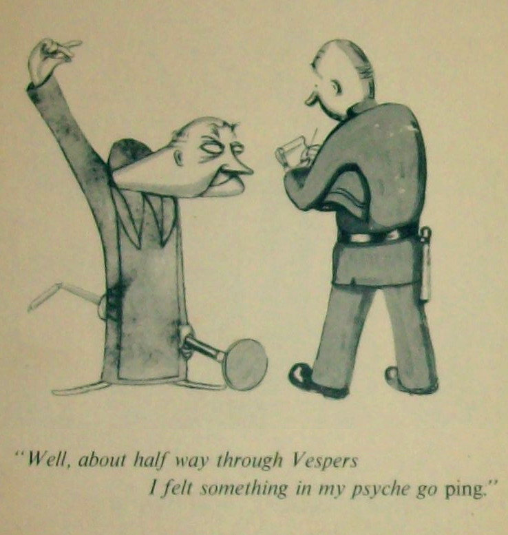 Greyscale cartoon showing a policeman interviewing a wild-looking monk who is clutching a bent traffic sign which he has evidently been using as a club