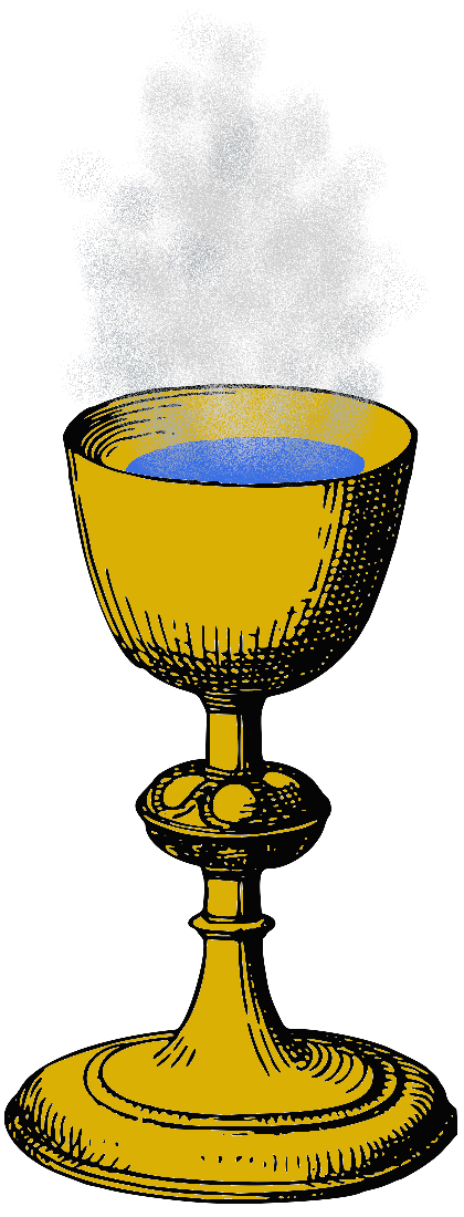 drawing of golden goblet containing blue liquid which is smoking