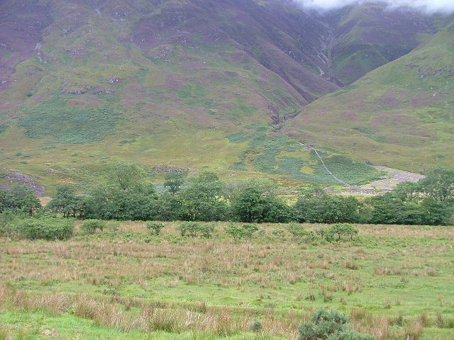 looking across scrubby green land, past trees and up green and purple slopes