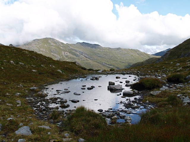 a small pool full of stones, reflecting silver light, framed in a curve of land beyond which the ground falls away sharply and then rises to a distant ridge