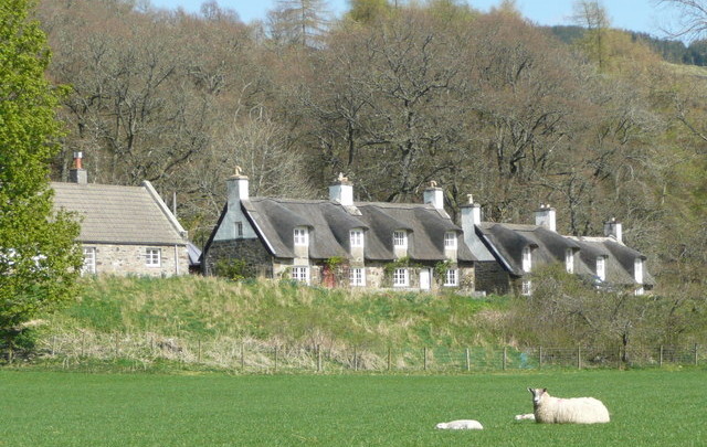 a pair of plain conjoined cottages with tiled roofs and two pairs of two-storey thatched cottages with dormer windows set in the thatch, all seen across a field with sheep