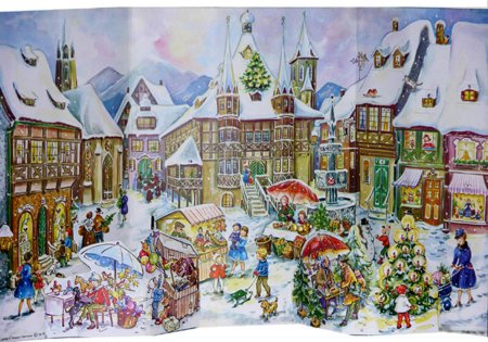 rather sickly, chocolate-boxy coloured drawing of a village full of houses with steep roofs, covered with snow, with a Christmas street scene in the foreground