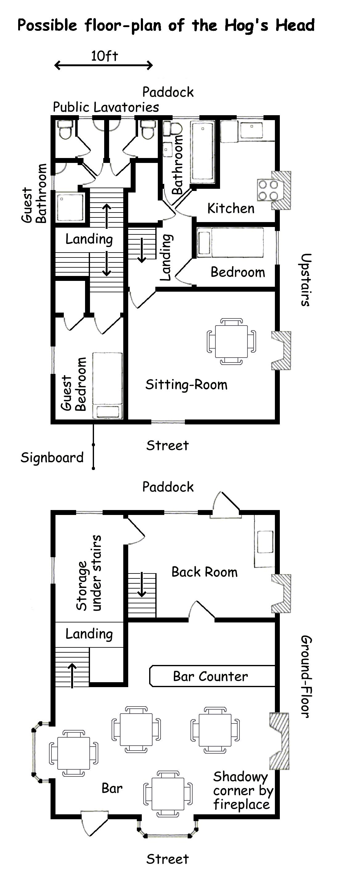 floor-plan of small pub with public lavatories and a room to let