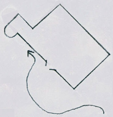 line drawing of block angled at 45° with wing sticking out in line with top left and a flight path curving right round from the side towards the front and then turning left