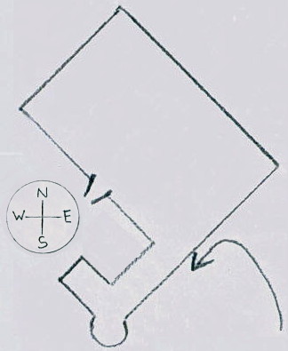 line drawing of block angled at 45° with wing sticking out at bottom left and a flight path approaching the bottom side and turning left