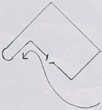line drawing of block angled at 45° with wing sticking out at right-angles to top left and a flight path approaching the front at a shallow angle and then turning left along the wing