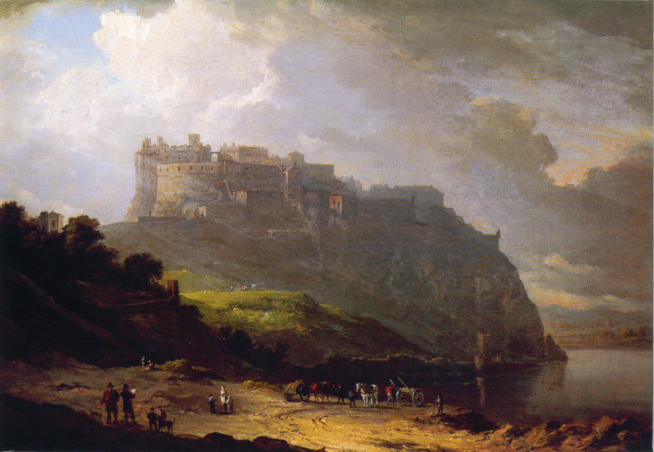 watercolour of Edinburgh Castle in 1760, towering over the Nor\' Loch
