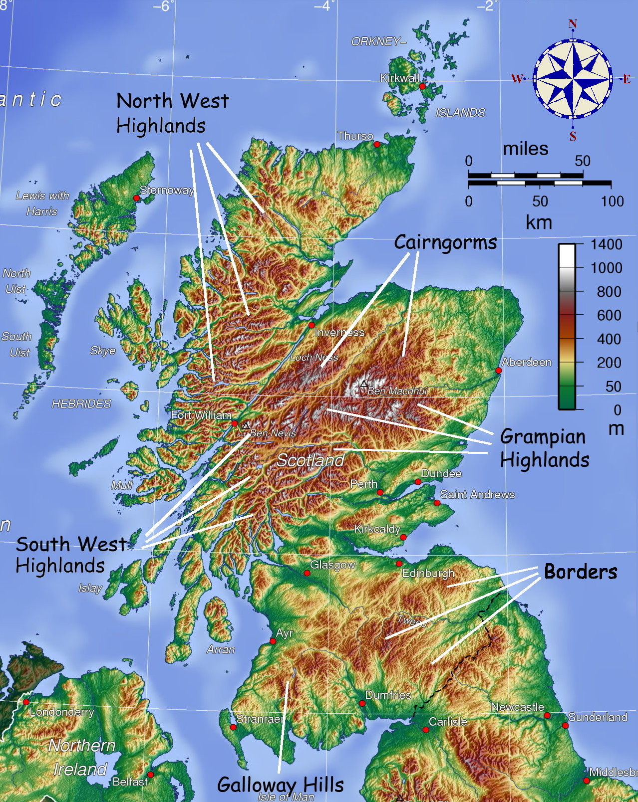 map showing mountainous areas of Scotland