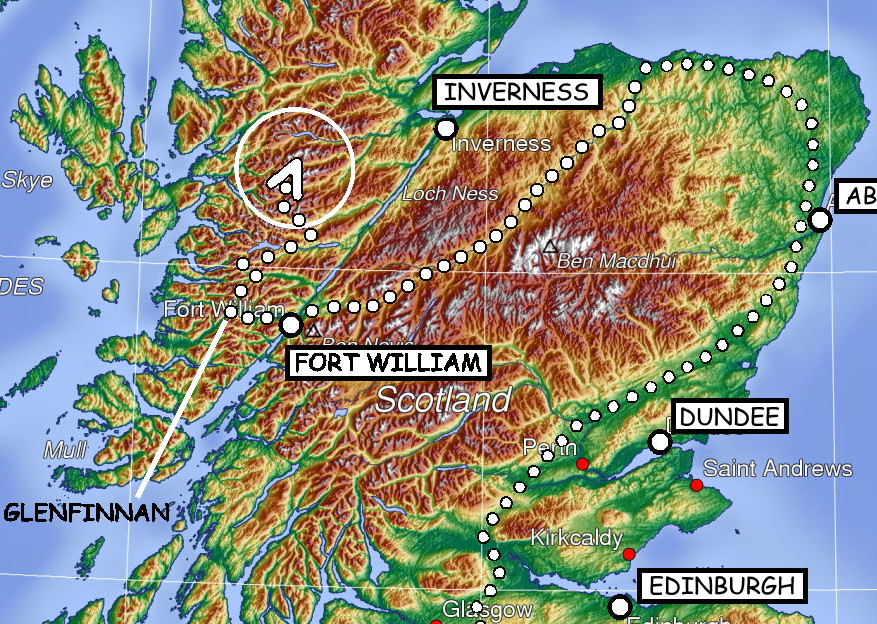 map showing possible route of the Hogwarts Express via Glenfinnan