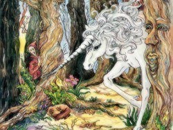 cartoonish drawing of a unicorn emerging from amongst trees with faces