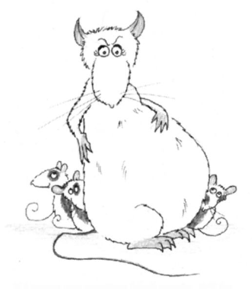 If I never see another buck again, it'll be too soon:- greyscale cartoon of very pregnant rat, sitting up clutching her aching back, surrounded by three young rat-kits