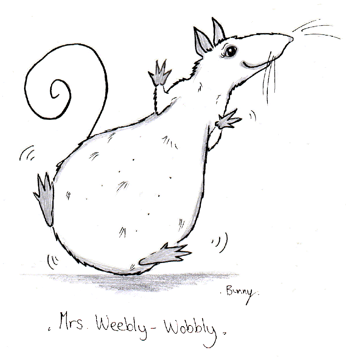 Mrs Weebly-Wobbly:- greyscale cartoon of fat-bottomed female rat standing up with hands pressed against the other side of a pane of glass, teetering like one of those round-bottomed, weighted toys that can't be knocked over