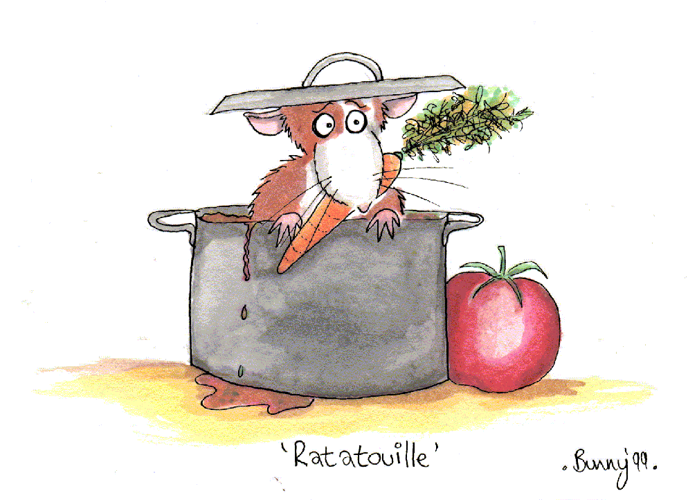 Ratatouille:- coloured cartoon of rat sitting in pot of stew, eating a carrot and wearing the saucepan-lid as a hat