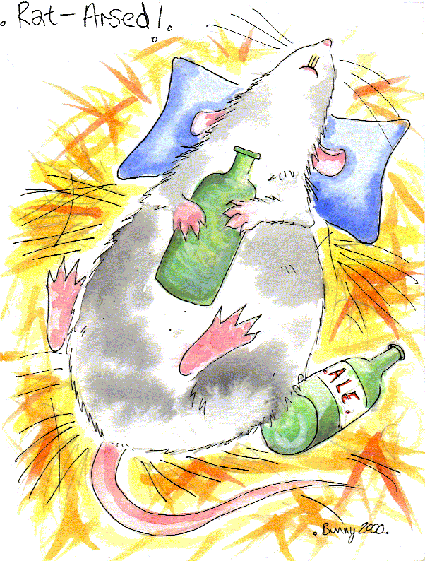 Rat-Arsed:- coloured cartoon of female rat lying on her back unconscious on a bed of straw, with empty beer-bottles