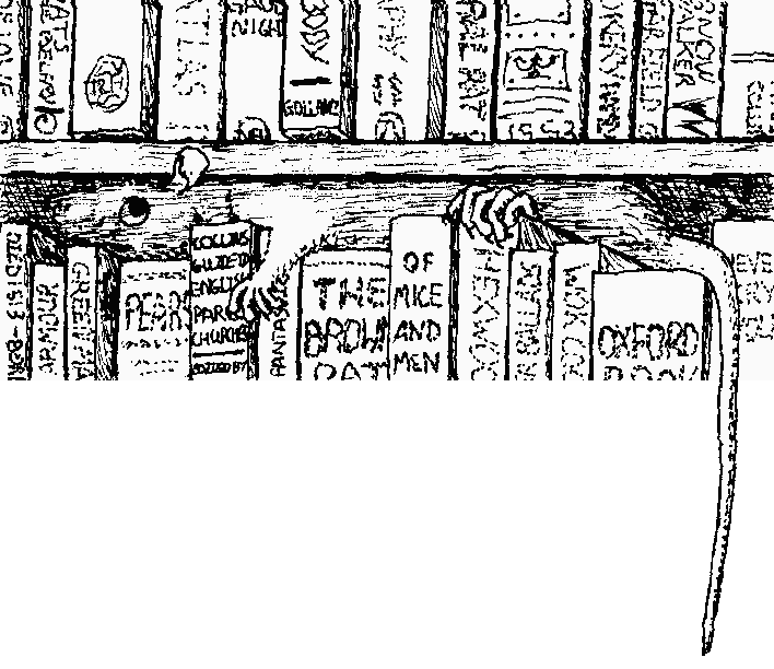 Caricature of rat hiding in slot between top of books and shelf above
