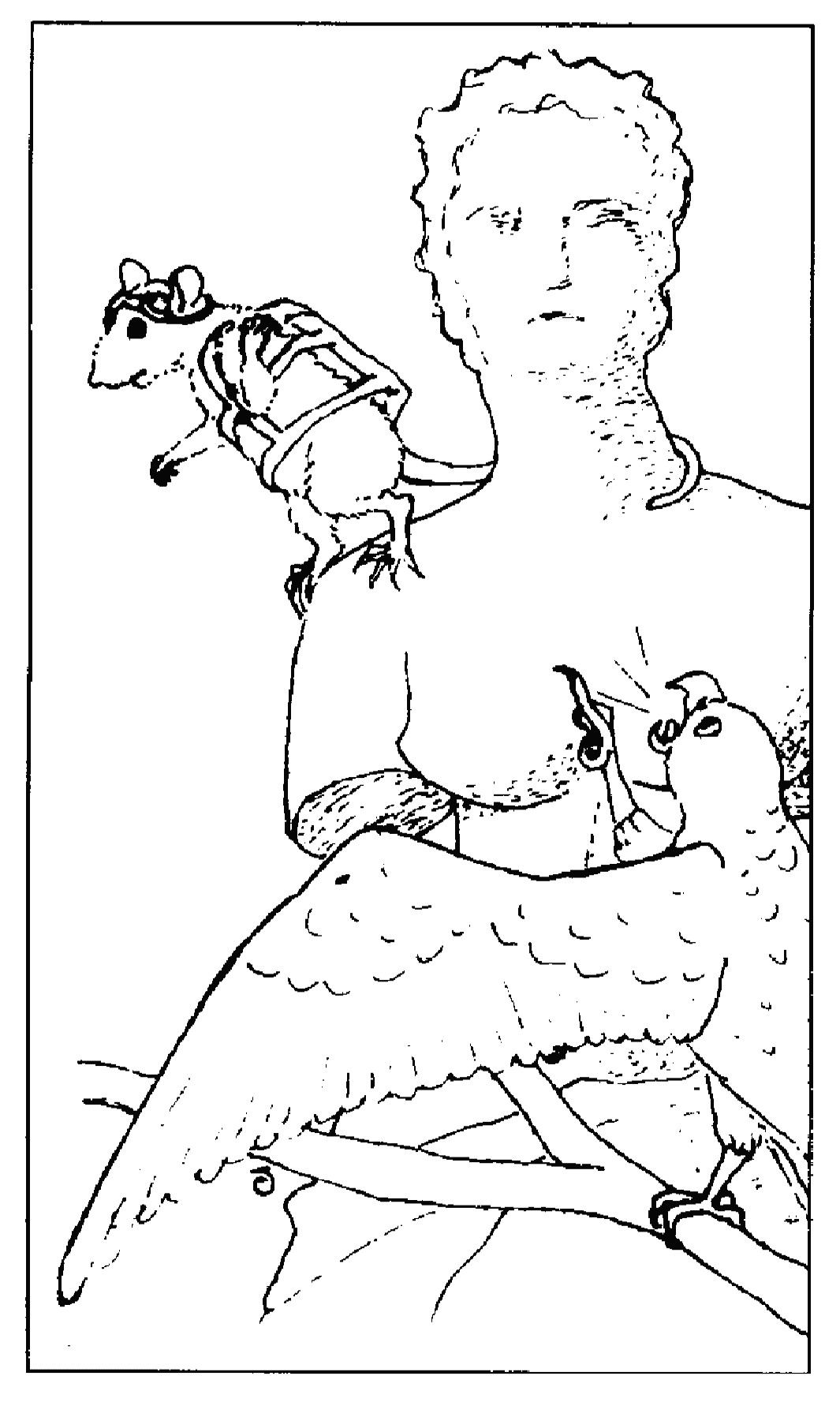 Cartoon of rat parachutist about to leap from shoulder of Venus de Milo, watched by excited parrot