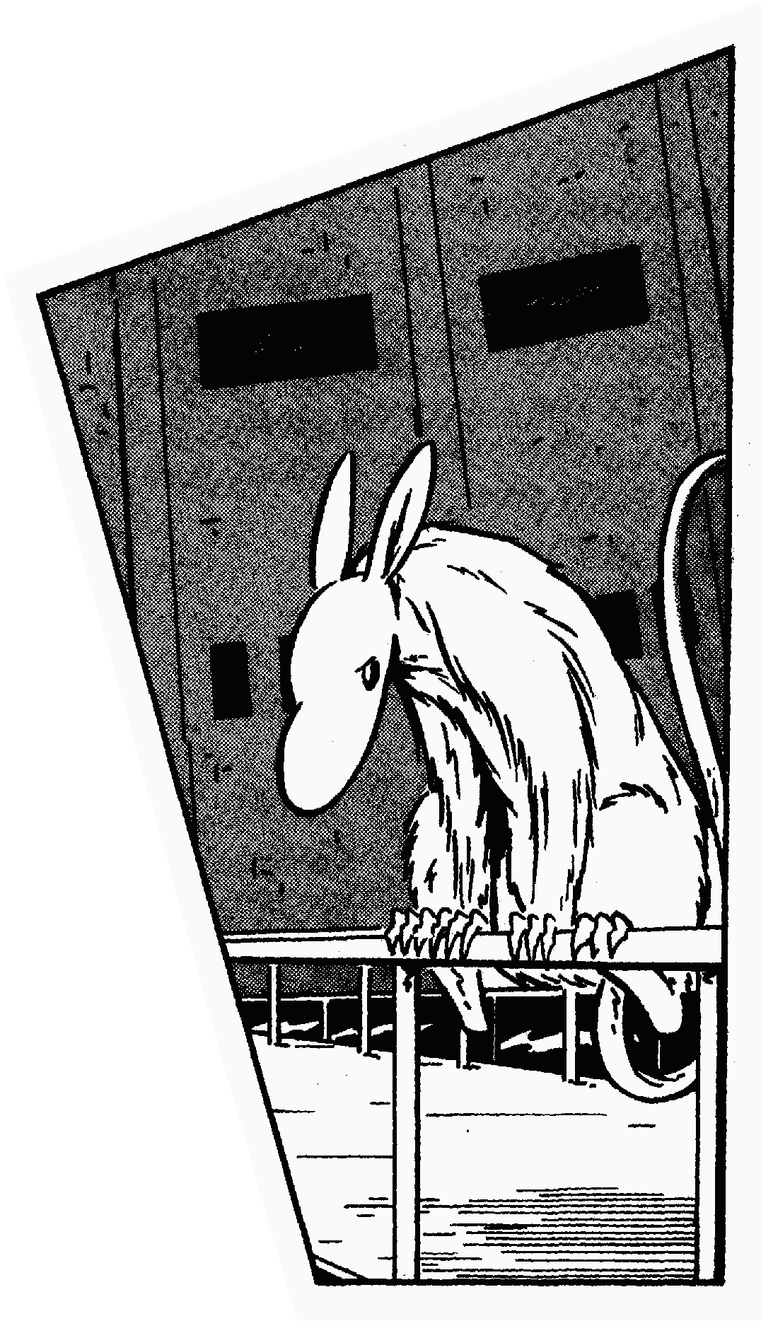 Comic-type drawing of alien creature, resembling large ship rat with donkey ears, perching on a metal barrier