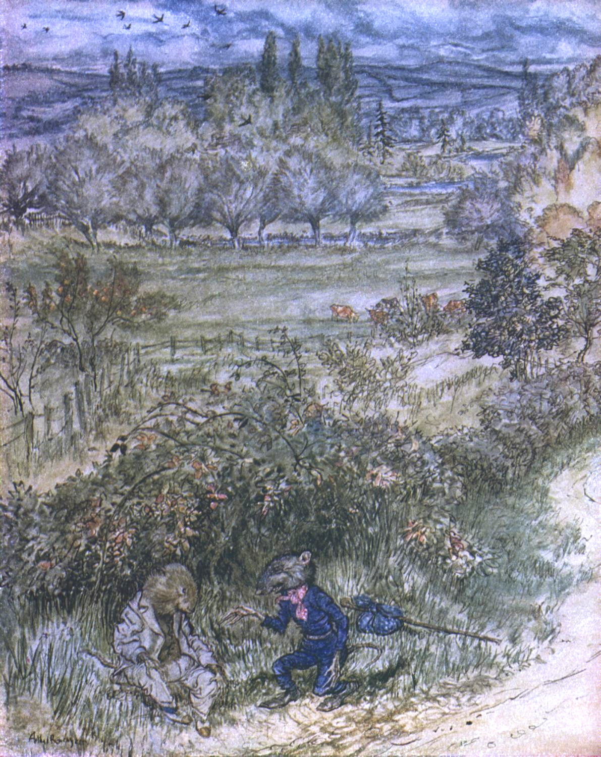 Drawing of clothed rat and vole talking under a hedge, with fields behind