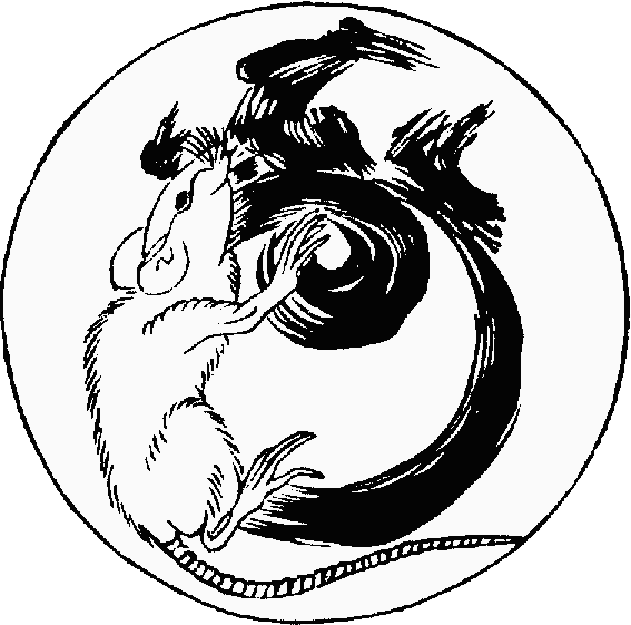 Black white oriental ink drawing of rat in moon circle