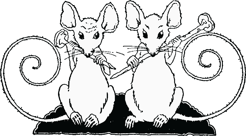 Black & white drawing of two curly-tailed mice holding nails