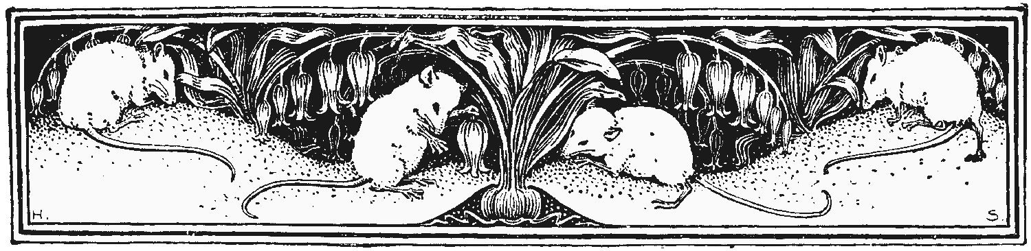 Art Nouveau-ish black and white drawing of mice or shrews examining hanging flowers