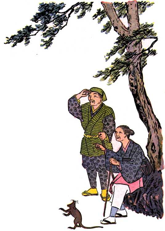 Coloured ink painting of Japanese couple resting under a tree, accompanied by a rat standing on its hind-legs