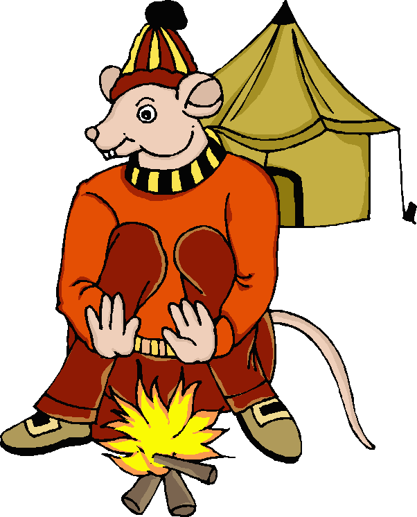 Coloured drawing of humanoid rat, in Mongolian costume, warming himself by a fire in front of a yurt