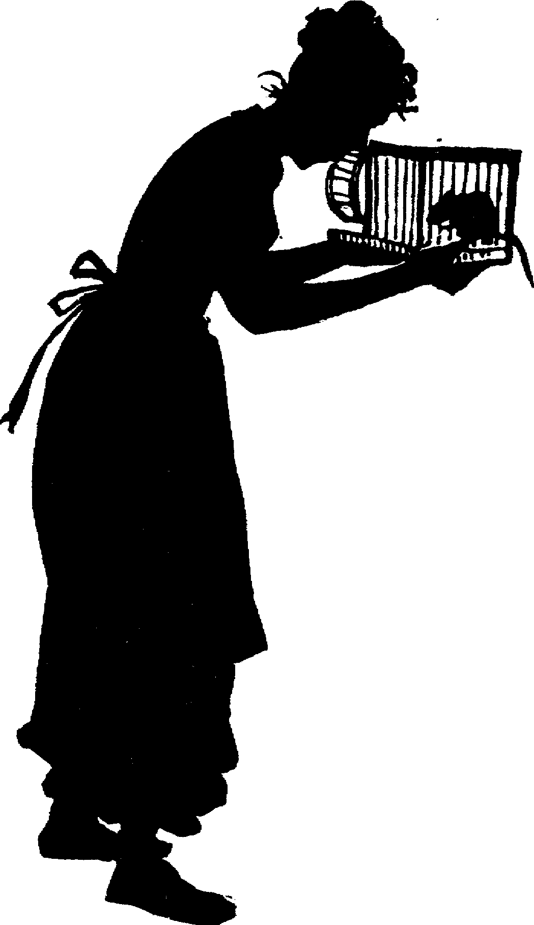 Silhouette of woman in Victorian servants\' clothes, holding a rat in a small cage with a wheel on one side