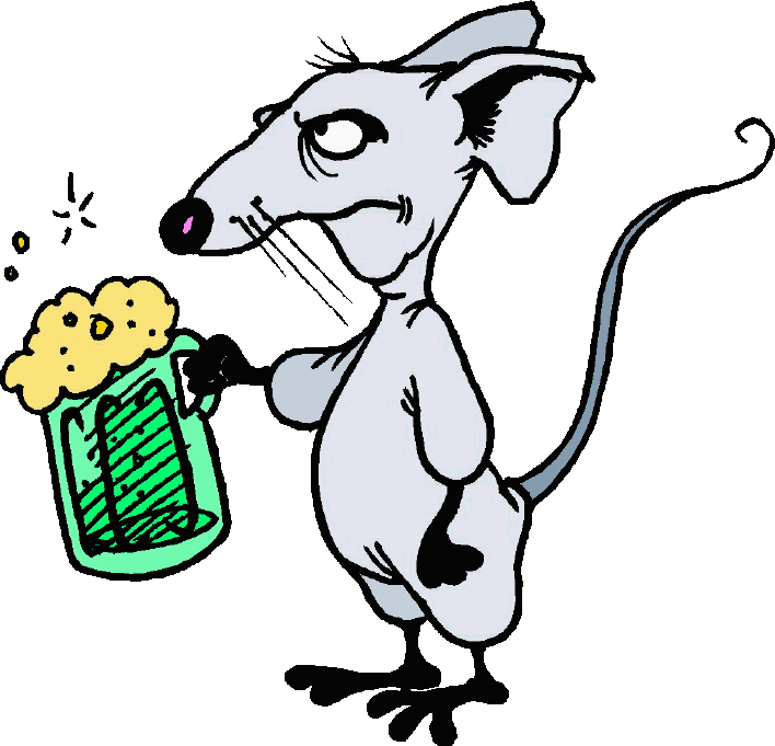 Coloured cartoon of cross-looking grey rat standing on his hind legs and clutching a rat-sized mug of beer