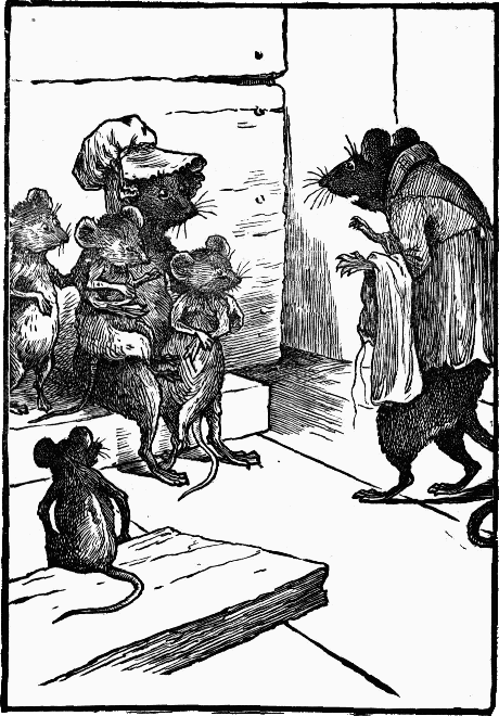 Black and white drawing of a pair of clothed, bipedal adult rats with four babies